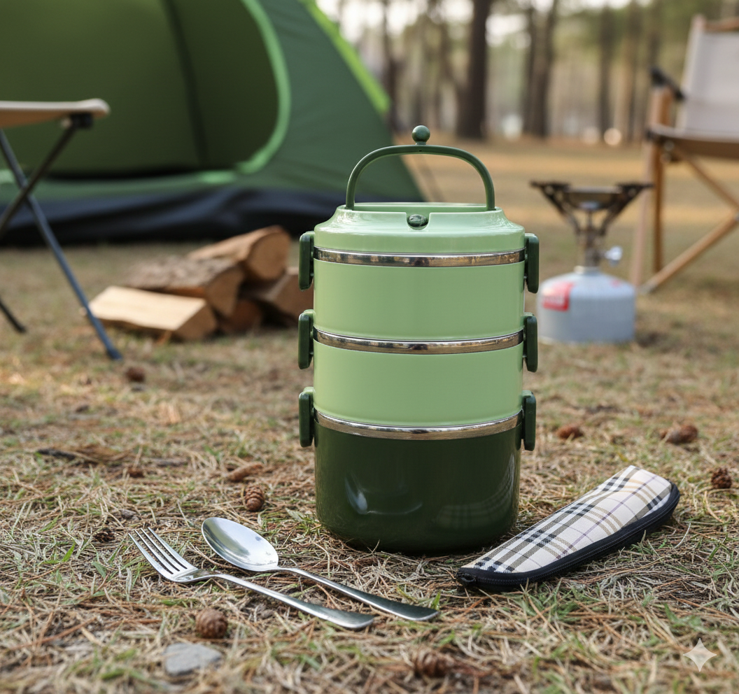 🥗 SANQIAHOME INOX LUNCH BOX – 3 ETAŽE (ZELENI)