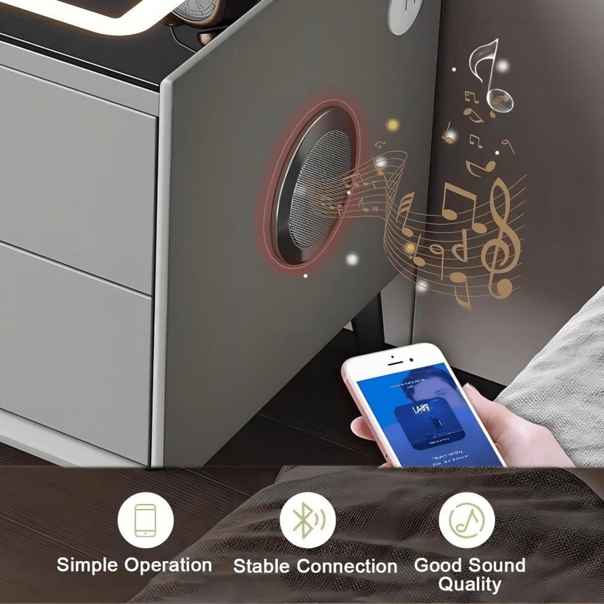 Savremeni noćni ormarić s bežičnim punjenjem i Bluetooth zvučnikom