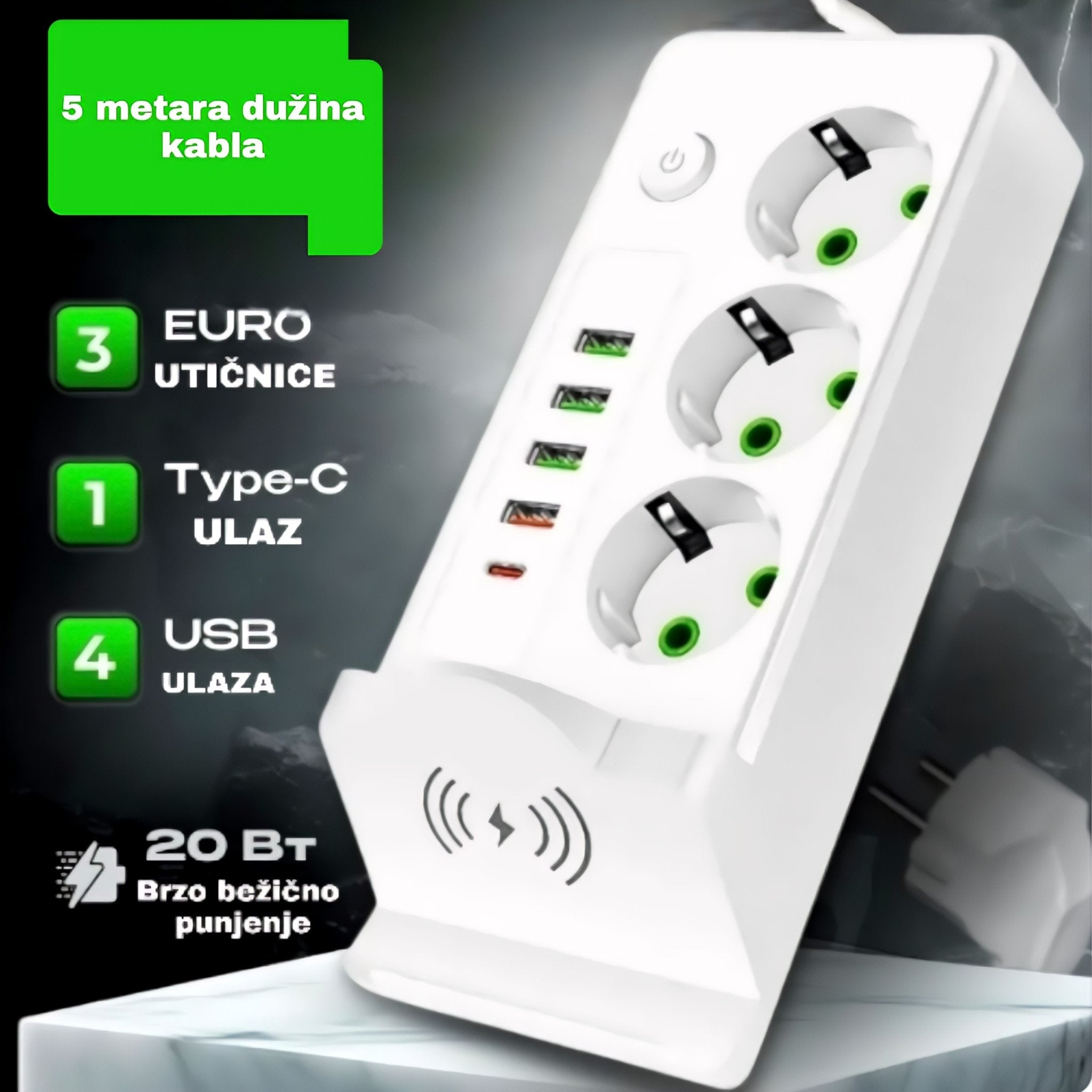 Višenamjenski produžni kabal s bežičnim punjenjem, 4xUSB i Type-C povezivanjem