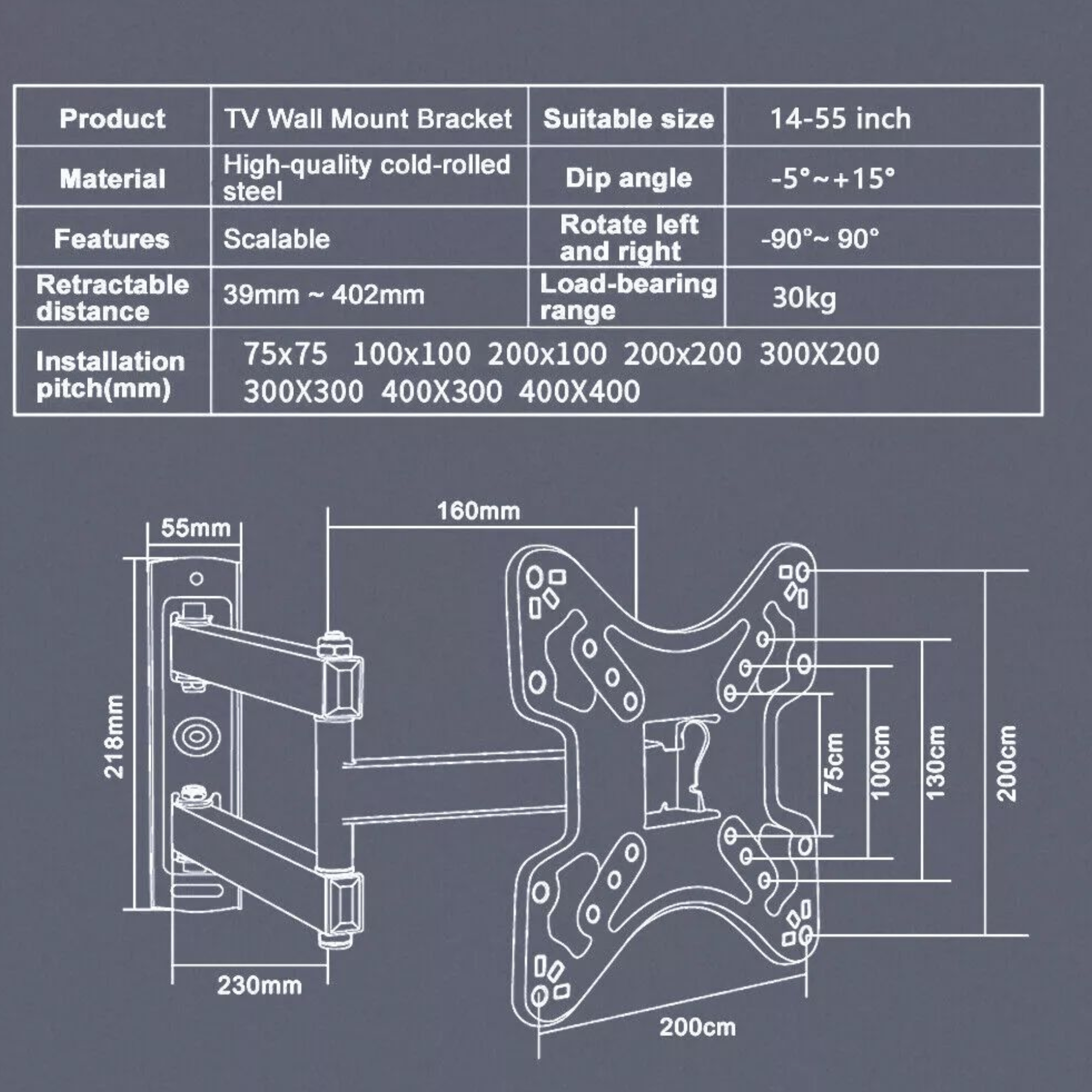 Svestrani Rotirajući Zidni Nosač za TV (14”–55”)